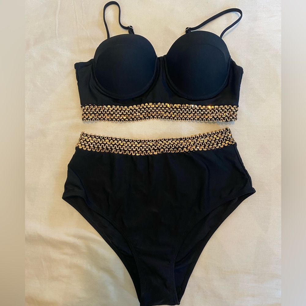 Women’s Black and Gold Large Bikini